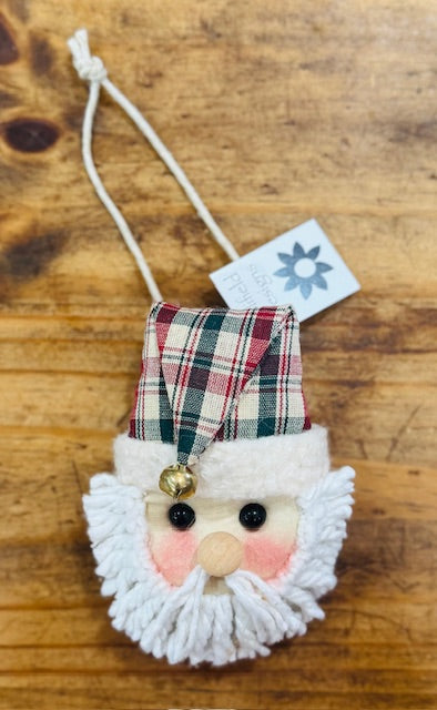Santa Ornament - Green, Red, and Beige Plaid Hat