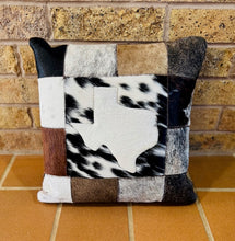 Small Cowhide Texas Pillow - White Texas on Assorted Patchwork Cowhide