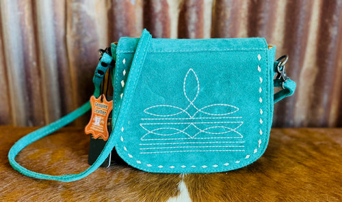 Turquoise Suede Bootstich Crossbody Bag
