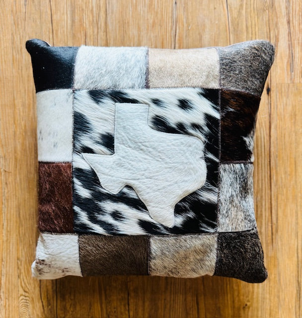 Small Cowhide Texas Pillow - White Texas on Assorted Patchwork Cowhide
