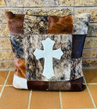 Cowhide Cross Pillow - White Cross on Brown Brindle