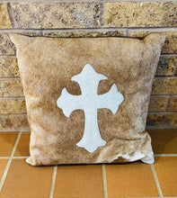 Cowhide Cross Pillow - White Cross on Tan Background 1
