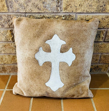 Cowhide Cross Pillow - White Cross on Tan Background 2
