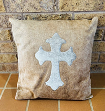 Cowhide Cross Pillow - White Cross on Tan Background 3