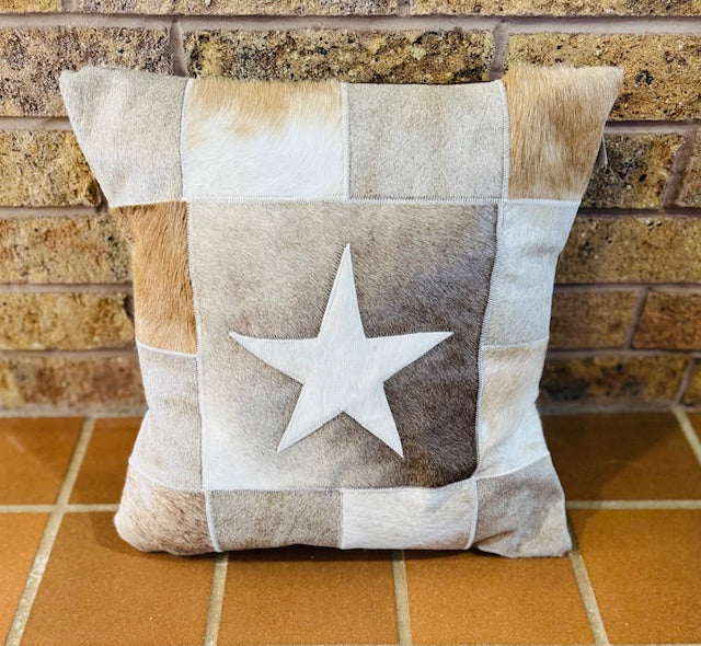 White Star on Gray and Tan Patchwork Pillow